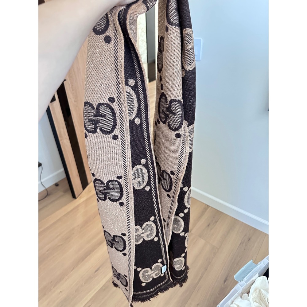 Gucci GG Jacquard Scarf Brown Beige Metallic Lame Wool Blend 598993 3GC15